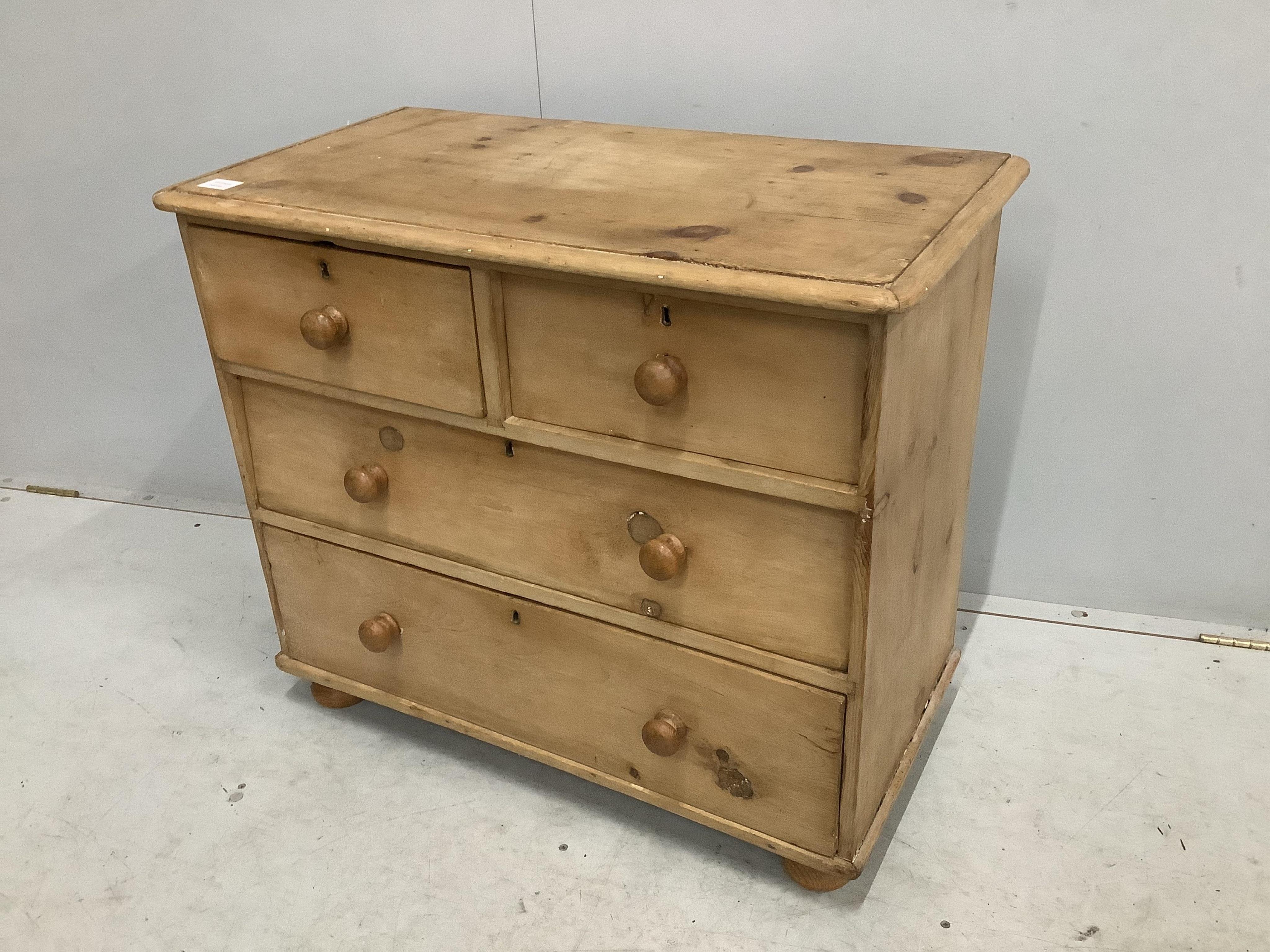 A small Victorian stripped pine chest of drawers, width 85cm, depth 45cm, height 73cm. Condition - fair